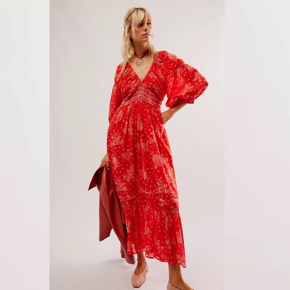 Free People Dresses & Skirts - Red V-Neck Boho Maxi Dress